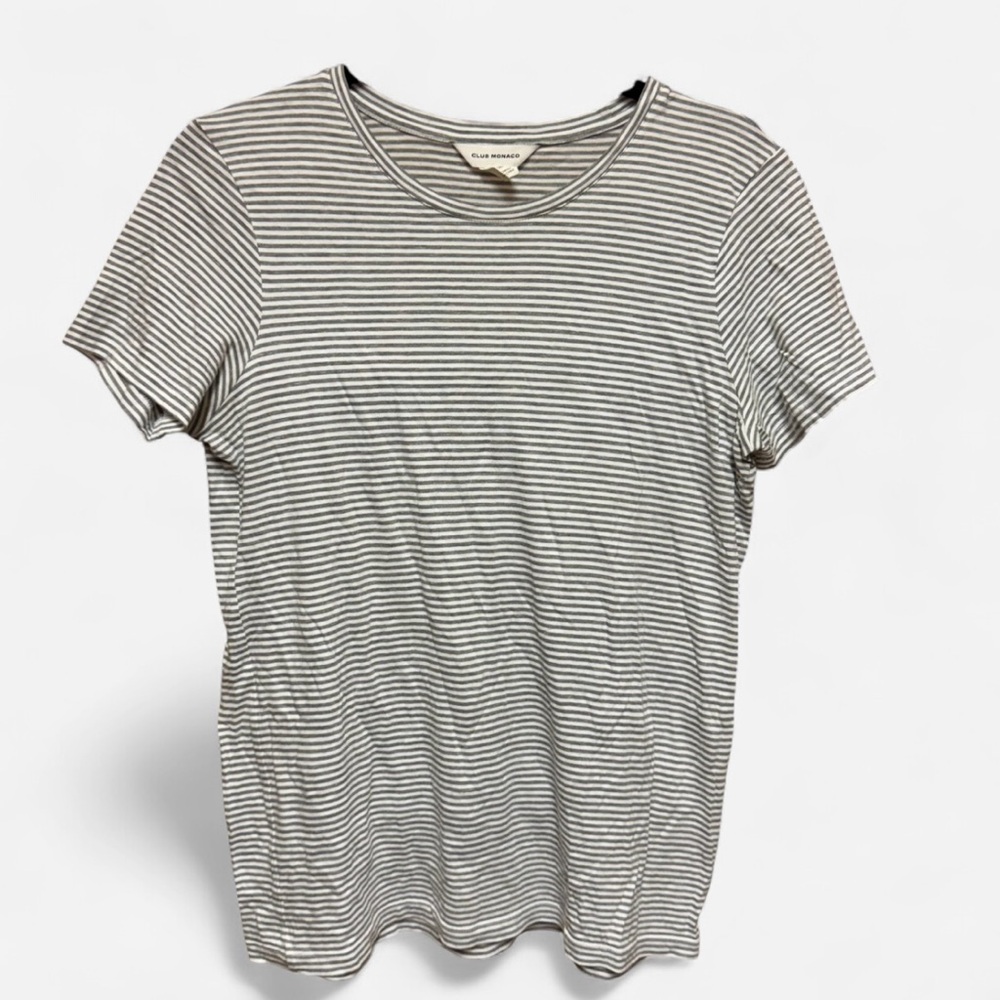 Club Monaco Grey and White Striped Jersey Knit Tee